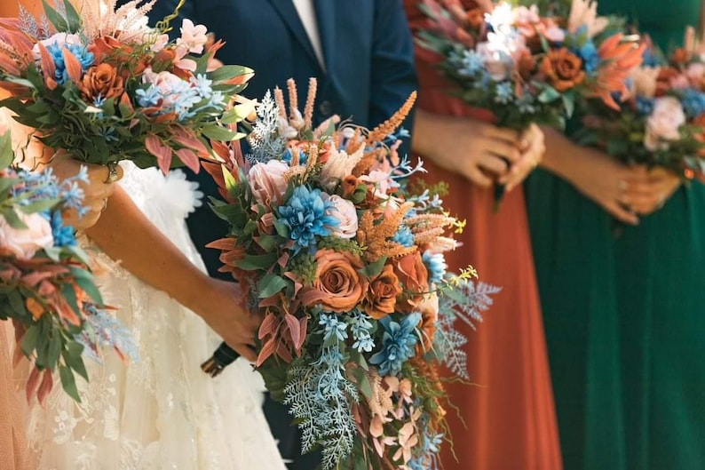 Rust Terracota Blush Dusty Blue Wedding Bouquet Cascading Etsy