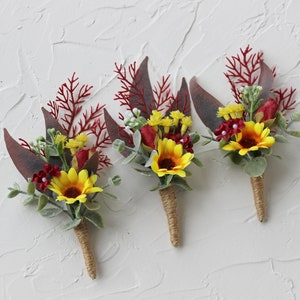 Sunflower burgungy boutonniere for men, Sunflower wedding buttonhole, Groom boutonniere