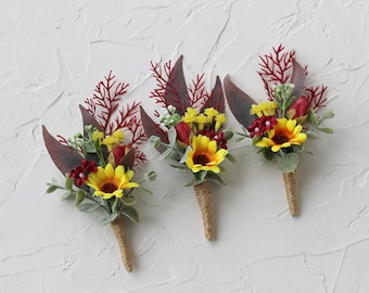 Sunflower burgungy boutonniere for men, Sunflower wedding buttonhole, Groom boutonniere