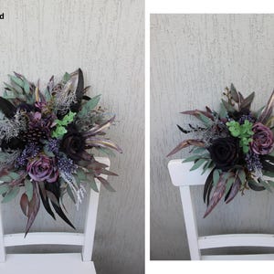 May include: Two bouquets of artificial flowers, one labeled "Bridesmaid" and the other "Toss." The bouquets feature dark purple roses, black roses, and green and silver foliage. The bouquets are arranged on white chairs.