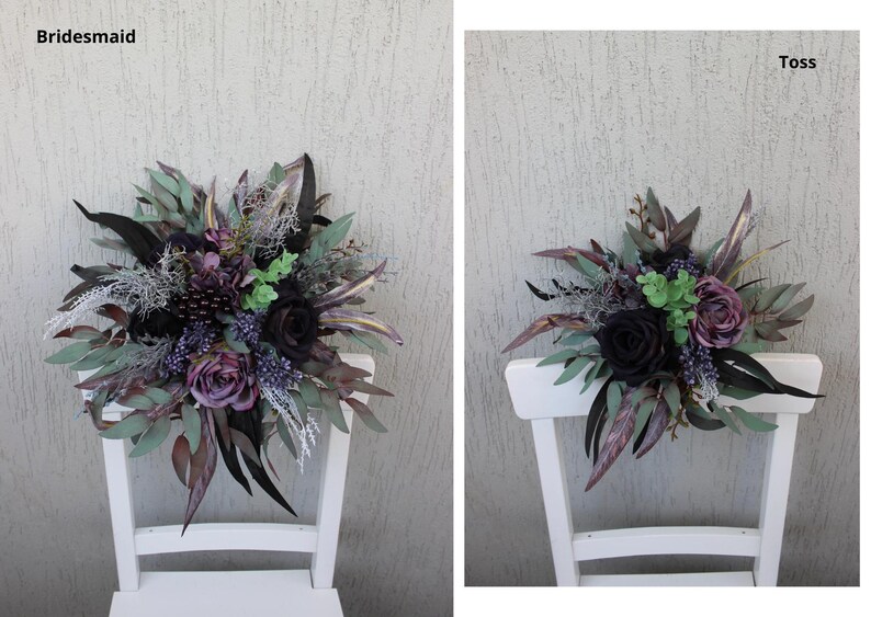 May include: Two bouquets of artificial flowers, one labeled "Bridesmaid" and the other "Toss." The bouquets feature dark purple roses, black roses, and green and silver foliage. The bouquets are arranged on white chairs.