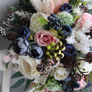 Winter wedding bouquet, Navy ivory pink wedding bouquet with pines, Silk flower bouquet image 4