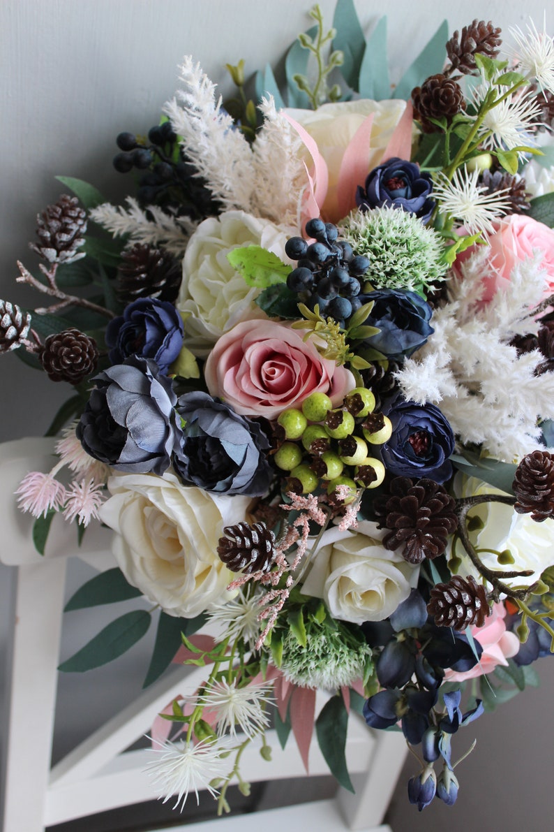 Winter wedding bouquet, Navy ivory pink wedding bouquet with pines, Silk flower bouquet image 4