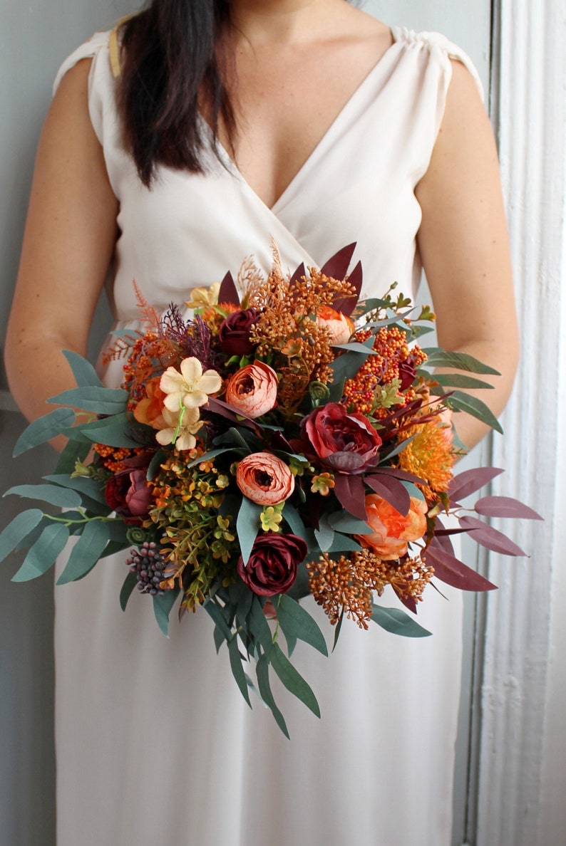 Burnt orange burgundy bouquet, bridal flower bouquet, silk wedding bouquet, eucalyptus bouquet, wedding flowers Bridal 13"