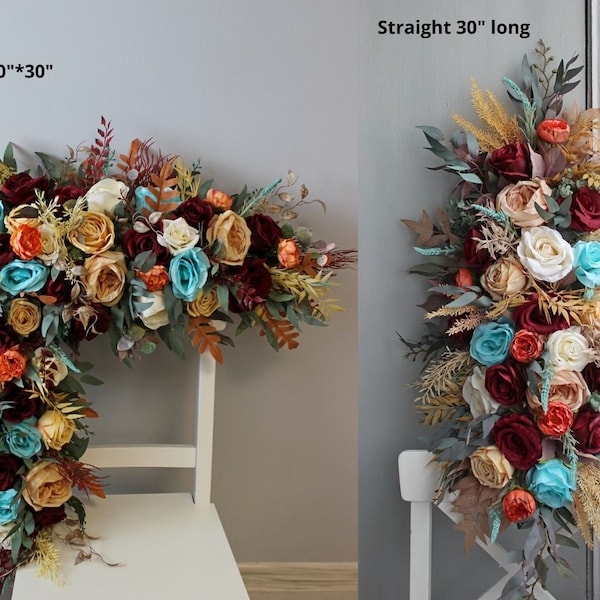 Rust teal burgundy arch swag, Wedding arch decor, Flower arch backdrop