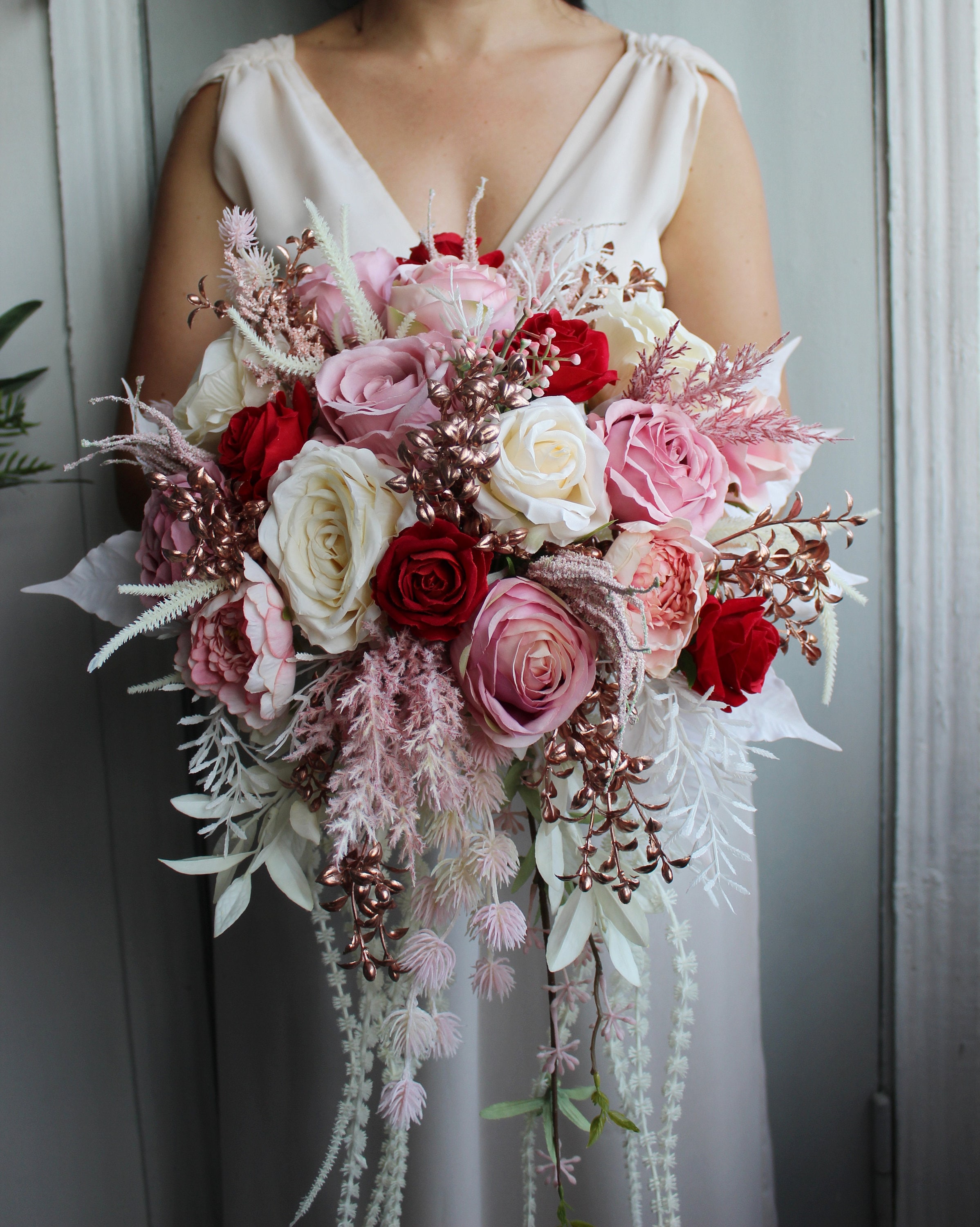 Rose Gold Ivory Red Wedding Bouquet Cascading Bouquet Boho