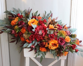 Fall wedding flower arch, Burnt orange burgundy arch flowers, Wedding arch swag