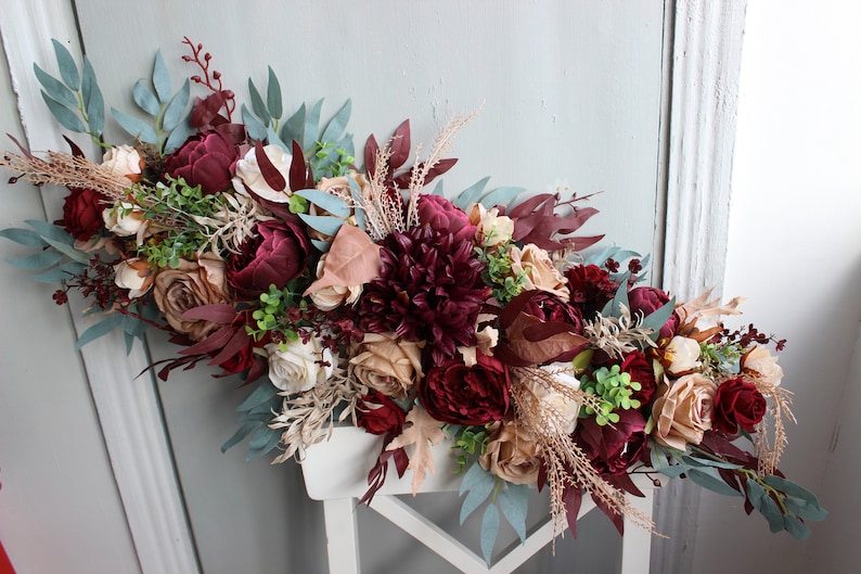 Boho bridal bouquet, Taupe tan ivory burgundy bouquet, Winter wedding bouquet image 9