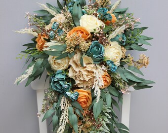 Teal peach ivory bouquet, Cascading bouquet, Wedding bouquet