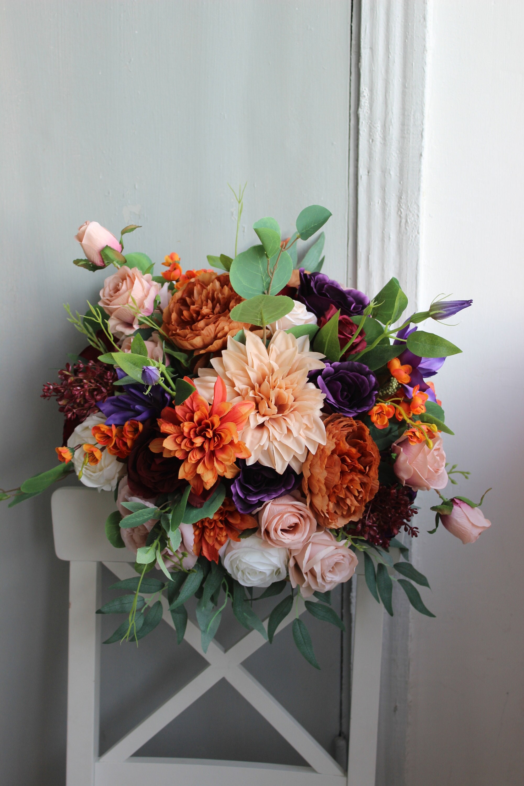 Burgundy Purple Orange Bouquet, Eucalyptus Bouquet, Colorful