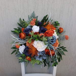 Burnt orange navy blue wedding bouquet, Silk flower bouquet, Fall wedding bouquet