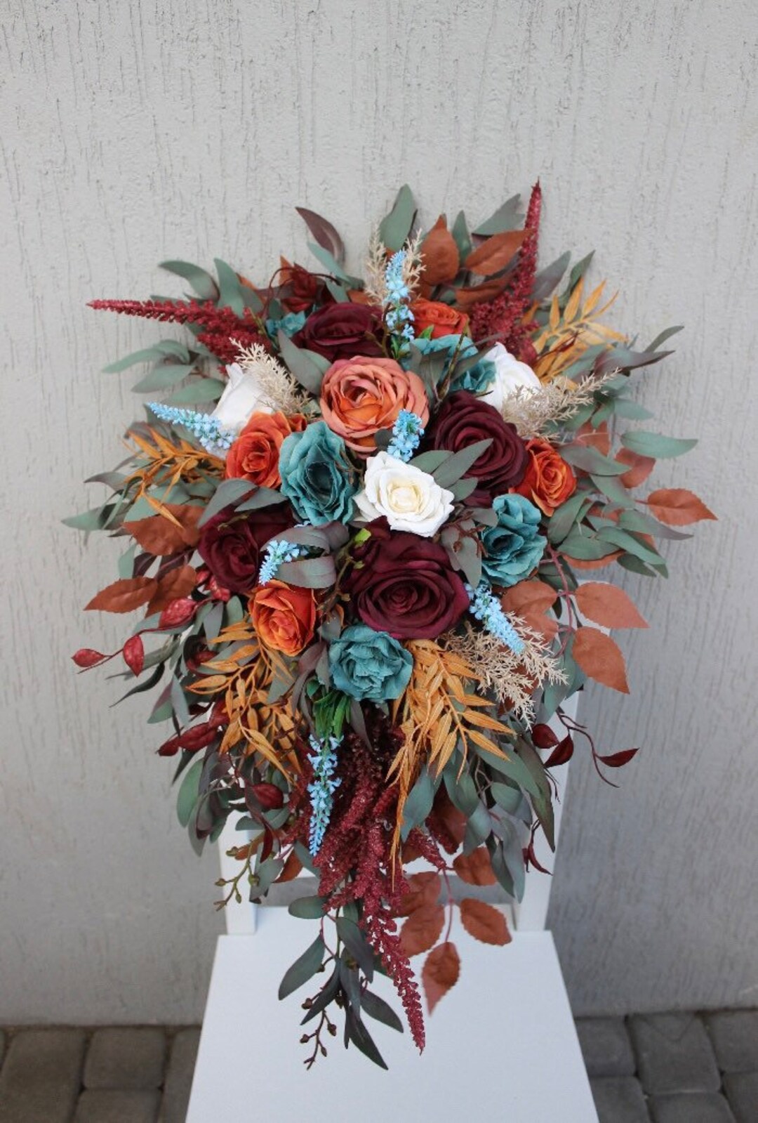 Dark Teal Rust Burgundy Wedding Bouquet Cascading Bouquet Fall 