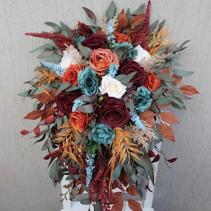 Dark teal rust burgundy wedding bouquet, Cascading bouquet, Fall wedding bouquet