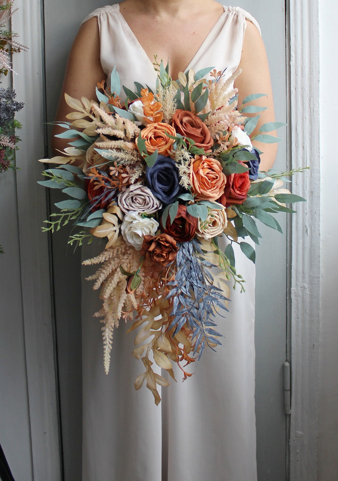 Rust Teal Burgundy Wedding Bouquet, Cascading Bouquet, Fall