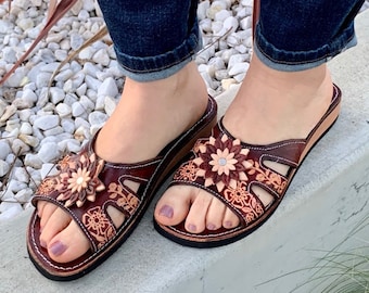 Sandalias Mexicanas para Mujer, Sandalias Huaraches de Cuero Hechas a Mano, Sandalias Huaraches Mexicanos, Zapatos de Cuero Mexicanos, Huarache Mujer TRES TIRAS