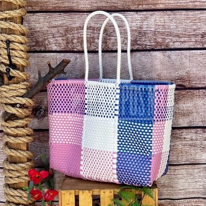 大型手織りトートバッグ、手織りリサイクルビニール袋、手作り織り財布、Bolsa Tejida a Mano de Plastico、Hecha en Mexico