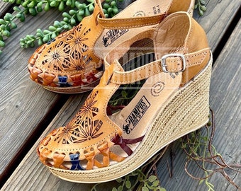 Womens Mexican Wedges Sandals, Handmade Leather Huaraches Sandals,Mexican wedge High Hells,Mexican heels ,Tacones Mexicanos huarache LASER