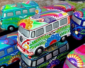 Mexican Hippie Kombi Piggy Bank ,Hand-painted Ceramic Piggy Coin ,Car Coin Bank ,Alcancia Mexicana Combi ,Alcancia Carro Combi VW ,VW Hippie