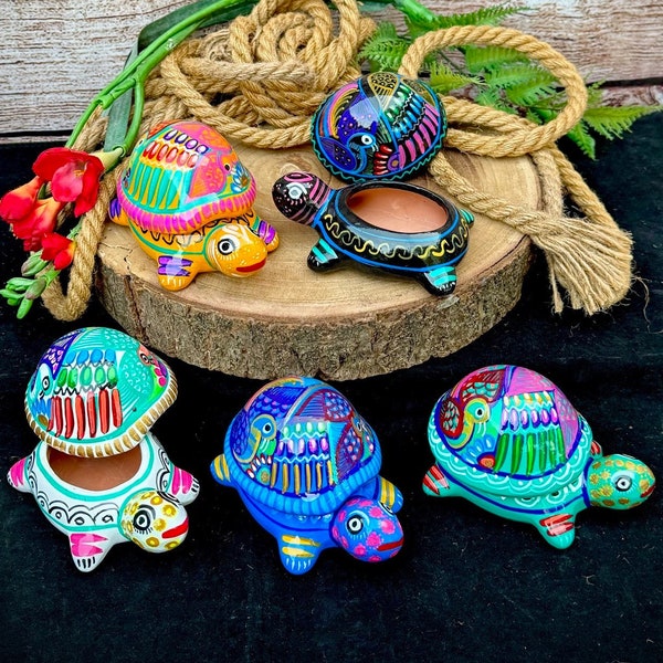 Beautiful Mexican Hand Painted Turtle Jewelry Box,Painted Clay Pottery Ceramic Jewelry Box,HandCraft Alhajero Tortuga Mexicano Barro Pintada