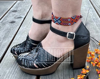 Womens Mexican Wedges Sandals, Handmade Leather Huaraches Sandals,Mexican wedge High Hells,Mexican heels ,Tacones Mexicanos huarache BLACK