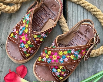 Kids Girls Mexican Leather Flower Sandals ,children Huaraches