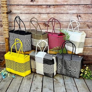 X-Large 手織りトートバッグ、手織りリサイクルビニール袋、手作り織り財布、Bolsa Tejida a Mano de Plastico、Hecha en Mexico