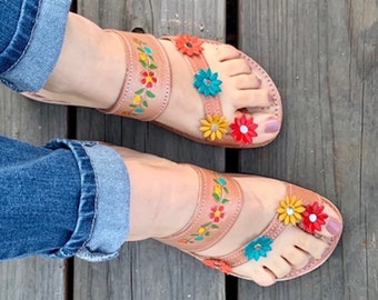 Womens Mexican Sandals, Handmade Leather Huaraches Sandals ,Sandalias Huaraches Mujer Mexicano ,Mexican Leather Shoes, Huarache DEDO COLORES