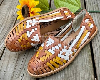 Womens Mexican Handmade Leather Huaraches Sandals Sandalias Piel Mujer Mexicano Sahuayo Mexico, Mexican Shoes CERRADO MULTI AMARILLO / White