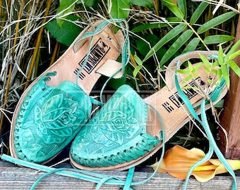 Womens Mexican Sandals,Handmade Leather Lace Up Sandal Huaraches,Sandalia Huaraches Mexicanos,Mexican leather Shoes TOOLED Lace-up TURQUOISE