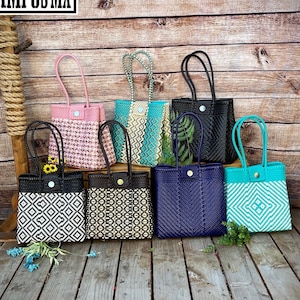大型手織りトートバッグ、手織りリサイクルビニール袋、手作り織り財布、Bolsa Tejida a Mano de Plastico、Hecha en Mexico