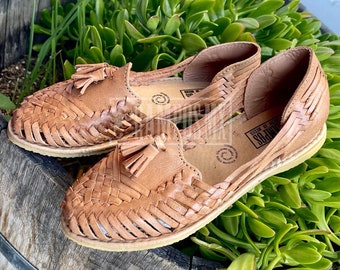 Womens Mexican Handmade Leather Huaraches Sandals Sandalias Piel Mujer Mexicano Sahuayo Mexico , mexican shoes CAFE TAN TASSELS