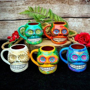 Large Mexican Skull Mug Art , Handpainted Clay Pottery Floral Handcrafted Mug , Mexican Mug Hand Painted Mexican Coffee Tea Mugs,tazas