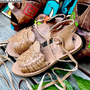Womens Mexican Sandals, Handmade Leather Lace Up Sandals Huaraches, Sandalias Huaraches Mexicanos,Mexican leather Shoes Lace-up OPEN TOE TAN