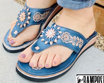 Sandales mexicaines pour femmes, sandales Huaraches en cuir faites à la main, Sandalias Huaraches Mexicanos, chaussures en cuir mexicaines, PATA GALLO AZUL / bleu