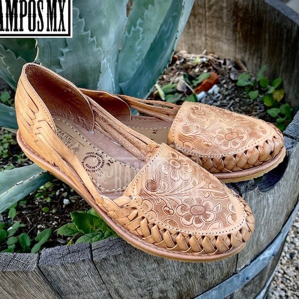 Womens Mexican Sandals, Handmade Leather Huaraches Sandals ,Sandalias Huaraches Mexicanos ,Mexican Leather Shoes, Huarache JOEL TOOLED TAN