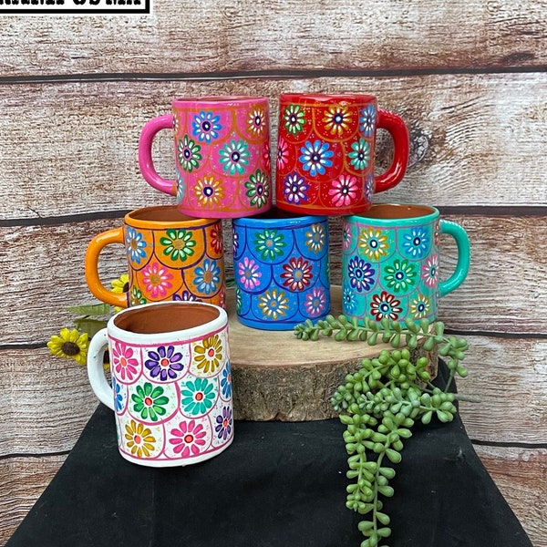 Beautiful Mexican Jarrito Mug Art , Handpainted Clay Pottery Floral Handcrafted Mug , Mexican Mug Hand Painted Mexican Coffee Tea Mugs, taza