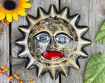 Vintage Mexican Ceramic Decorative Sun Plate, Hand-painted Sun