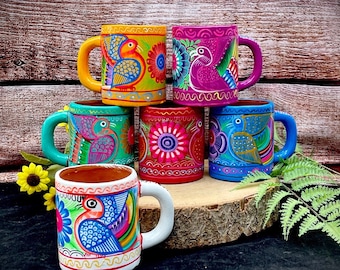 Hermosa taza mexicana de jarrito, cerámica de arcilla pintada a mano, taza floral artesanal, taza mexicana, tazas de café y té mexicanas pintadas a mano, tazas