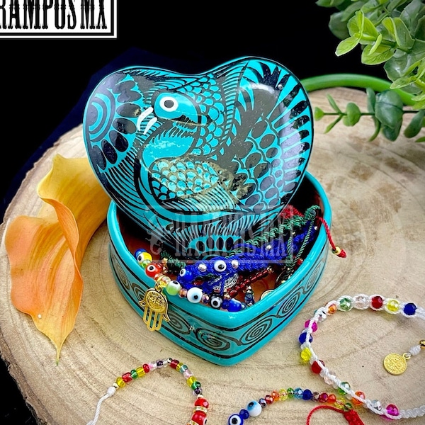 Beautiful Mexican Hand Painted Heart Jewelry Box ,Handpainted Clay Pottery Ceramic Jewelry Box, HandCraft Alhajero Corazon Mexicano Pintado