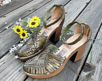 Womens Mexican Wedges Sandals Handmade Leather Huaraches Sandals High heel, Mexican wedge sandal ,Mexican heels ,Tacones Mexicanos GREEN