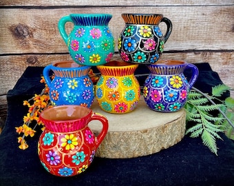 Beautiful Mexican Jarrito Mug Art , Handpainted Clay Pottery Floral Handcrafted Mug , Mexican Mug Hand Painted Mexican Coffee Tea Mugs,tazas