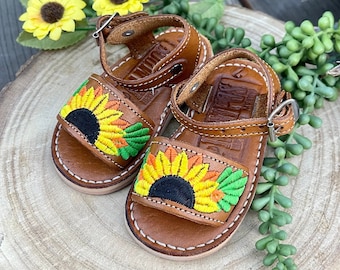 Kids Girls Mexican Leather Sandals , Children Handmade Huaraches Sandals , Huaraches Mexicanos Niña Baby Mexico Shoes , SUNFLOWER KIDS SHOES