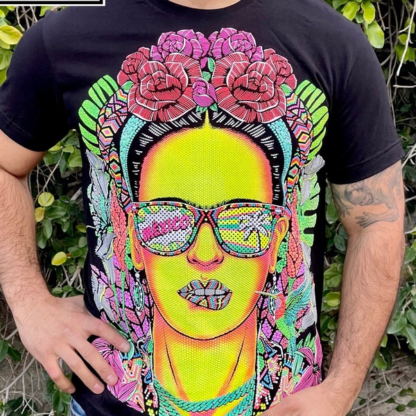 Mexican Frida T-shirts,Handmade Serigraphy Mexican Tshirt Artisanal Designs, Glow in Blacklight Frida Klaho Shirts ,Playeras Mexicanas frida