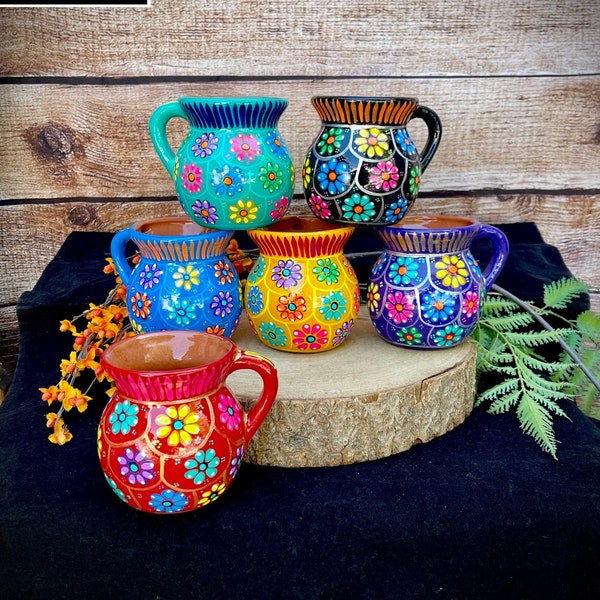 Beautiful Mexican Jarrito Mug Art , Handpainted Clay Pottery Floral Handcrafted Mug , Mexican Mug Hand Painted Mexican Coffee Tea Mugs,tazas