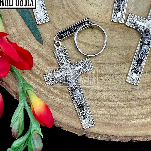 Mexican Jesus Christ Crucifix & San Benoit Steel Metal Key Chain ,Llavero de Acero Metal Crucifijo y San Benito ,Santa Cruz Jesus holy cross