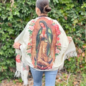 Shawl Virgin Mary Mexican Handmade Shawl,Floral Shawl from Mexico, Mexican Blanquet wrap ,Reboso Bordado Mexicano ,Reboso Virgen Guadalupe