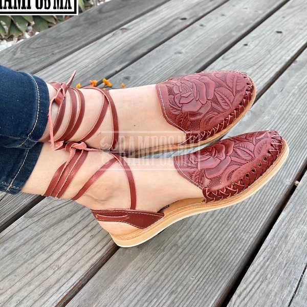 Womens Mexican Sandals,Handmade Leather Lace Up Sandals Huaraches,Sandalias Huaraches Mexicanos,Mexican leather Shoes TOOLED Lace-up TINTOS2