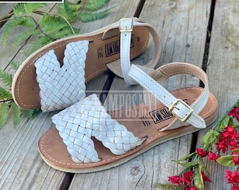 Womens Mexican Sandals,Handmade Leather Huaraches Sandals ,Sandalias Huaraches Mexicanos ,Mexican Leather Shoes,LAURITA TEJIDAS White/Blanco