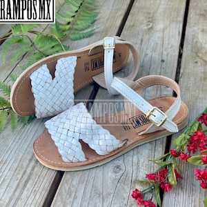 Damen Mexikanische Sandalen, handgefertigte Leder Huaraches Sandalen, Sandalias Huaraches Mexicanos, mexikanische Lederschuhe, LAURITA TEJIDAS Weiß / Blanco