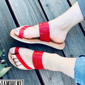 Womens Mexican Sandals, Handmade Leather Huaraches Sandals ,Sandalias Huaraches Mexicanos,Mexican Leather Shoes, Tooled SIMPLITA ROJOS /Red